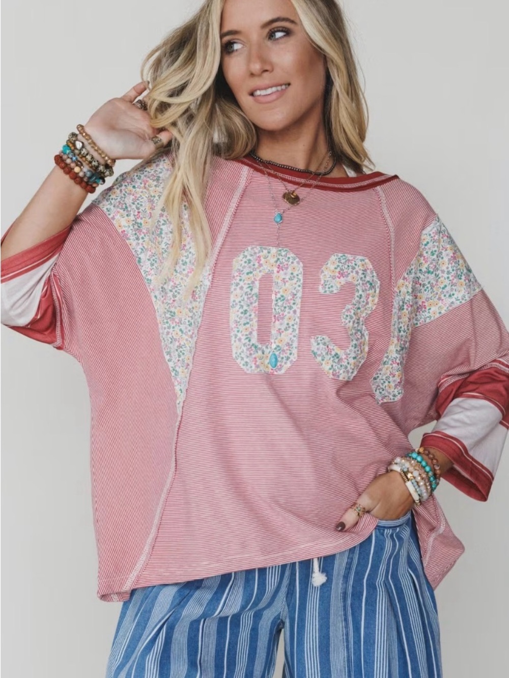 Three Bird Nest Pink Floral '03' Patchwork Pullover - Picture 2 of 6